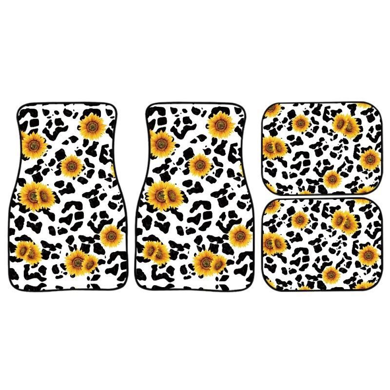 Car Interior Accessories, Foot Mats, Four-Piece Set, Leopard Print, Sunflower Heat Transfer, Anti-Fouling Fashion Printing