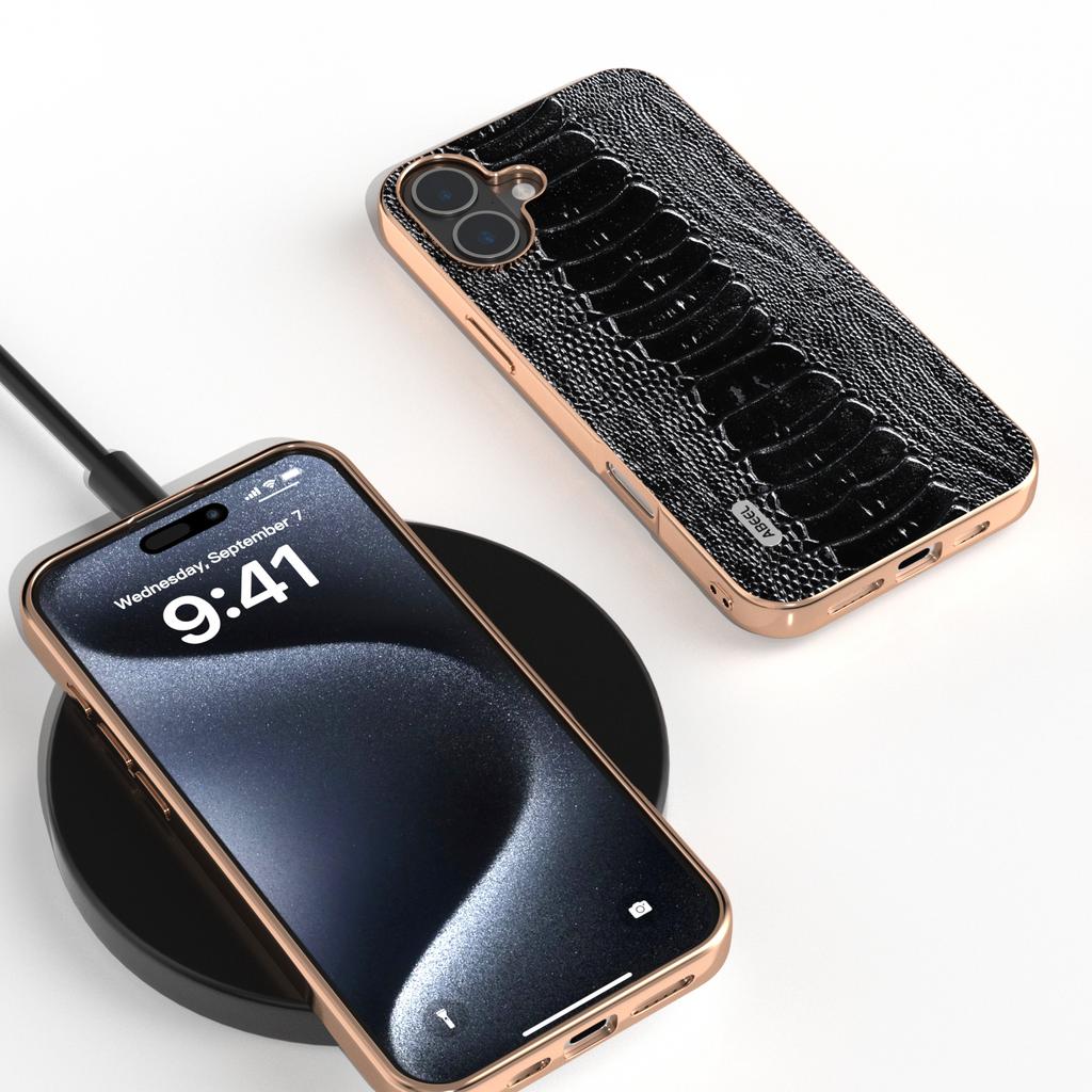 Чехол ABEEL для iPhone 16 с гальваническим покрытием и текстурой крокодиловой кожи, натуральная коровья кожа + ТПУ + чехол для телефона из поликарбоната - черный