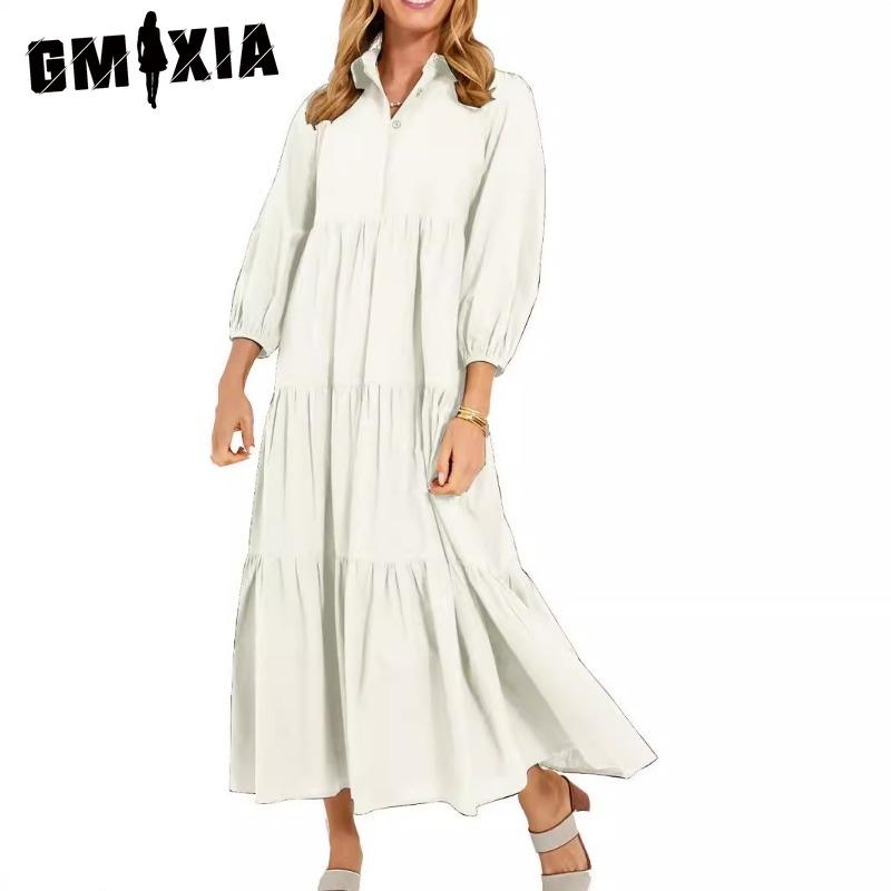 GMXIA Women's Fashion Spring Autumn Solid Color Print Long Sleeve POLO Neck High Waist Casual Dresses