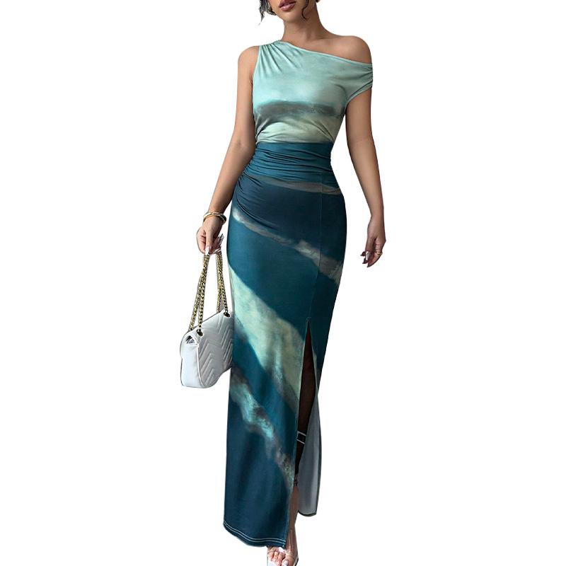 Vintage Tie-dye Sleeveless Suspender Dress Summer Female Beach Party Tank Dress Women Fashion Slanted Shoulder Slim Maxi Dresses