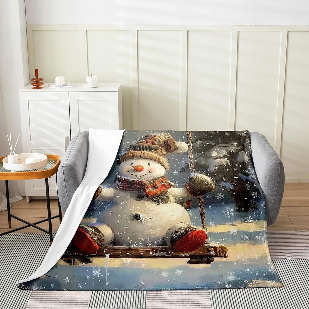 Winter Snowman Throw Blanket Cartoon Farmhouse Rustic Style Flannel Blanket for Kids Teens Adults Watercolor Pine Trees White