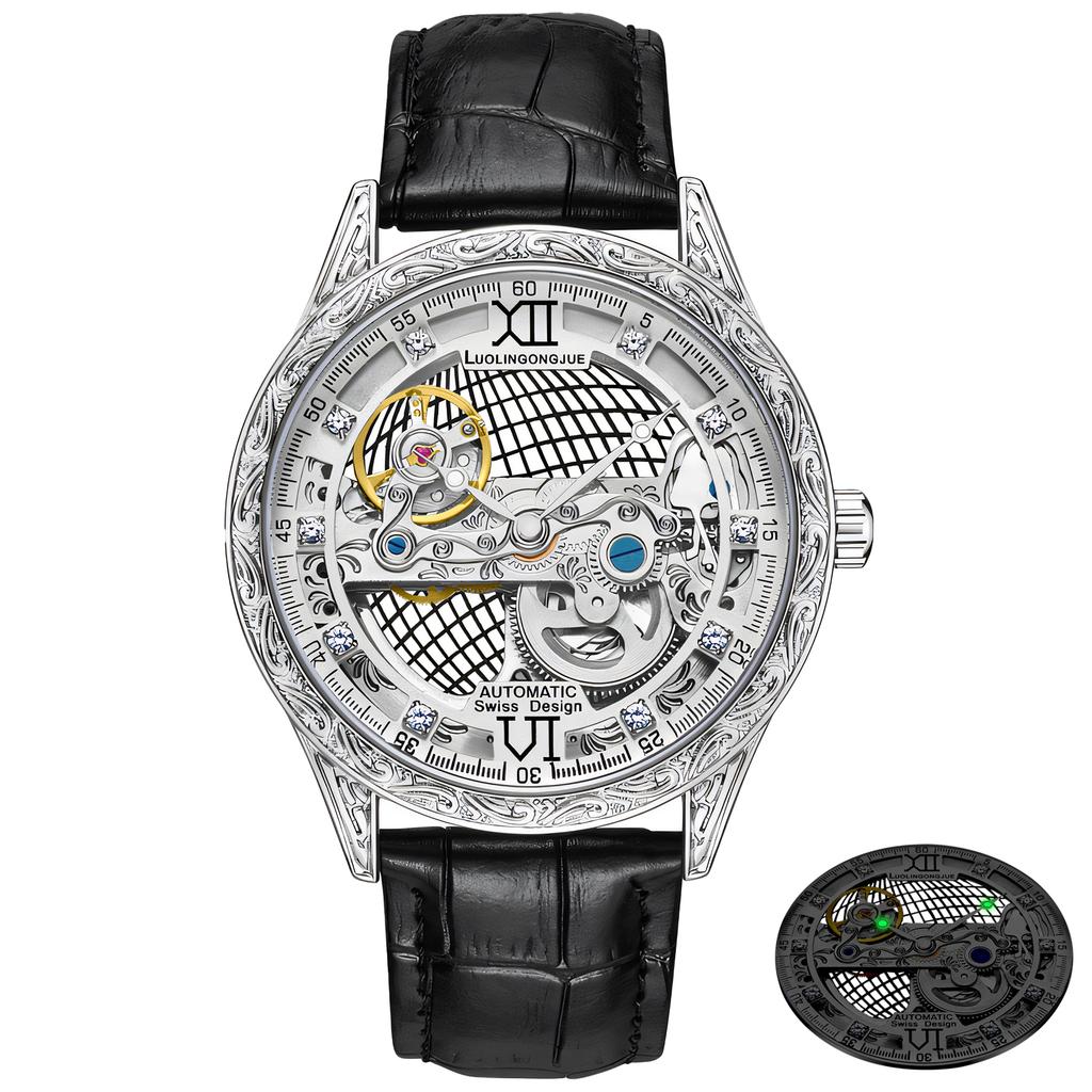 Инкрустированный бриллиантами полый резной циферблат автоматические механические часы мужские водонепроницаемые ночные часы в стиле ретро подходят для повседневного бизнеса