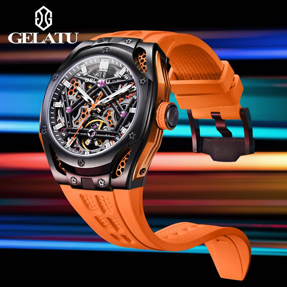 GELATU 6008 Skeleton Automatic Mechanical Watch for Men Hollow Luxury Sports Men's Wristwatch Silicone Strap Original Hand Clock