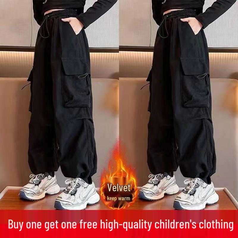 Girls' Autumn/Winter Velvet Cargo Sweatpants with Big Pockets - Trendy and Warm Style