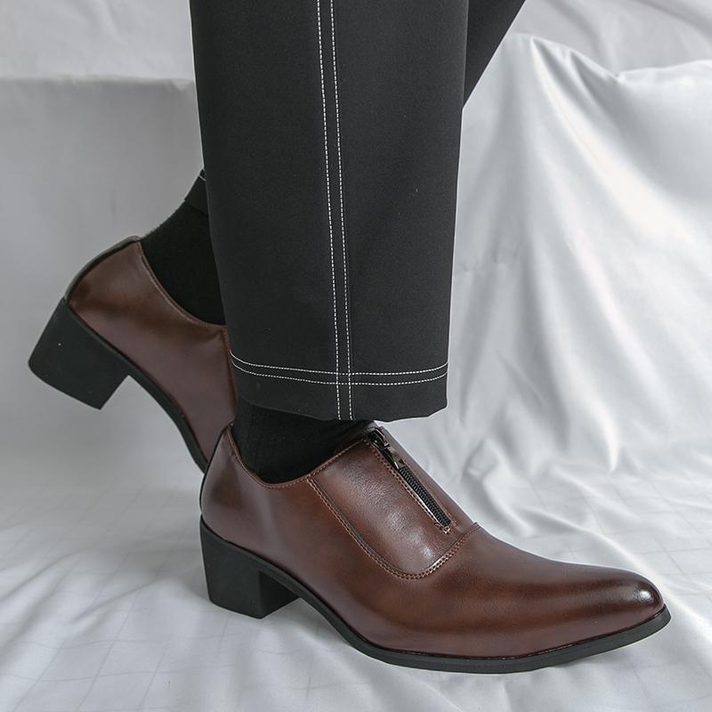 2025 Новая обувь на лифте для мужчин, на молнии, на высоком каблуке, формальная, кожаная, черная, мужские лоферы, туфли для платья, коричневая обувь для увеличения роста мужчины