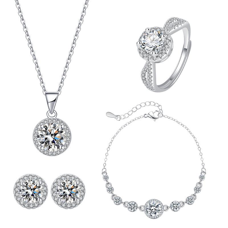 Simple Zircon Four-Piece Jewelry Set Premium Round Necklace Bracelet Earrings Ring Chic Minimalist Temperament