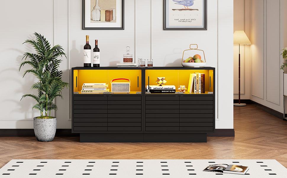 130*35*68cm Sideboard with 2 Cabinets, 4 Compartments, Glass Doors, Side Cabinet with LED Light, Living Room Cabinet with Lots of Storage Space