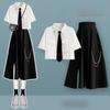 Sweet Cool Suit Female Preppy Korean Loose High Street Short-sleeve Workwear Shirt + Half Body Skirt Women Black 2pcs Set
