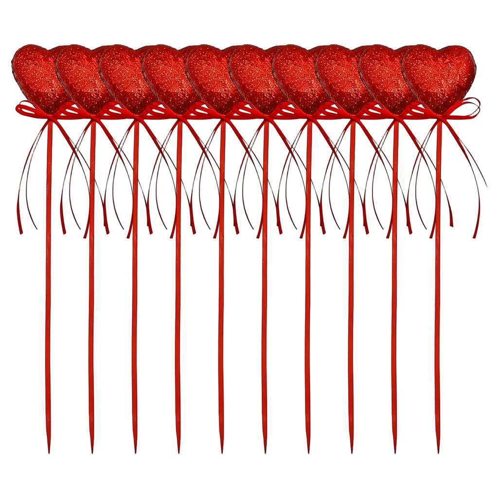 10pcs Valentine's Day Glitter Heart Decor Picks Red Pink Ribbon Ornaments Wedding Party Flower Arrangement Table Decor