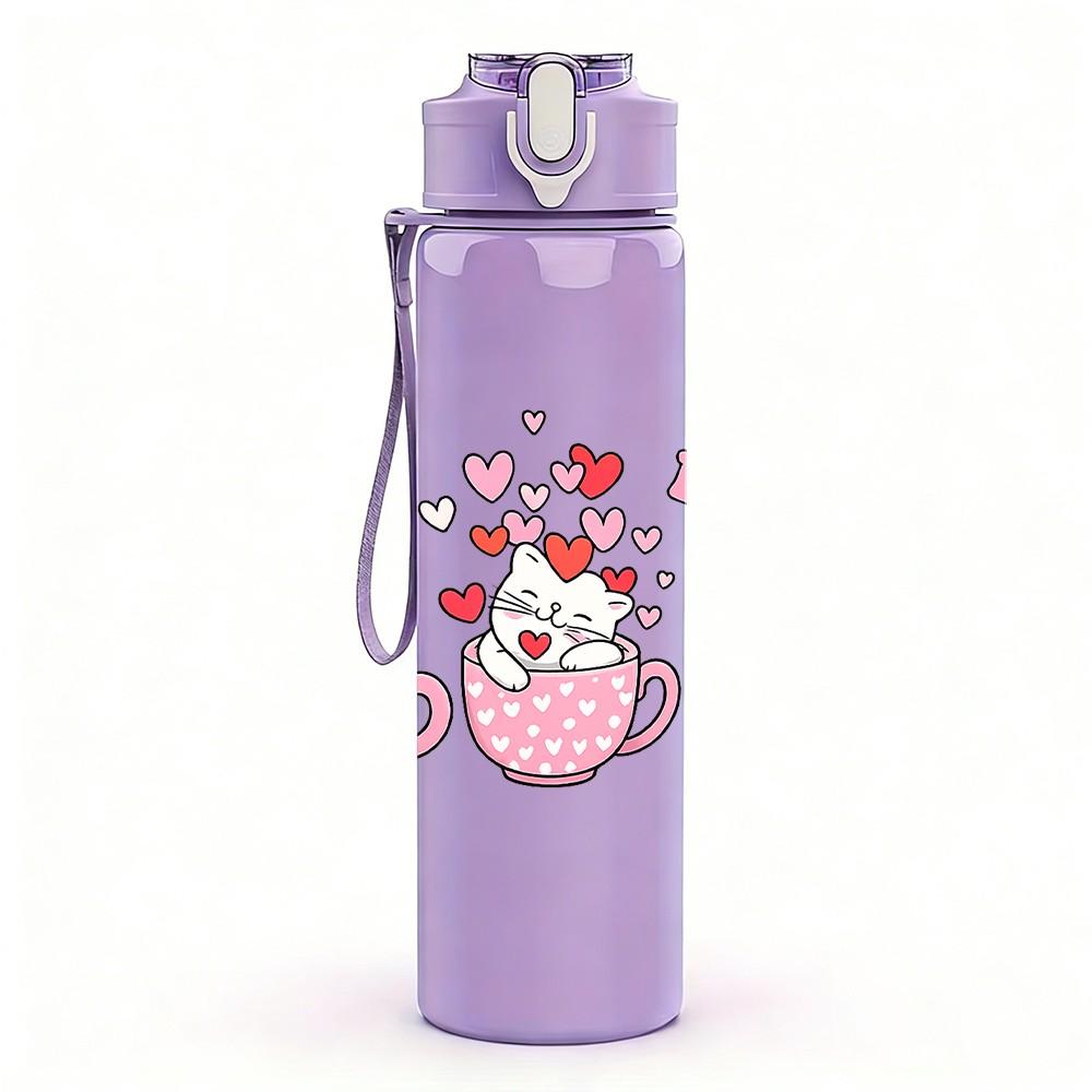 1PC Cute Tea Cup Cartoon Print 750ml Color Plastic Sports Water Bottle Leakproof Flip Straw Lid Suitable for Sports Office Home Use