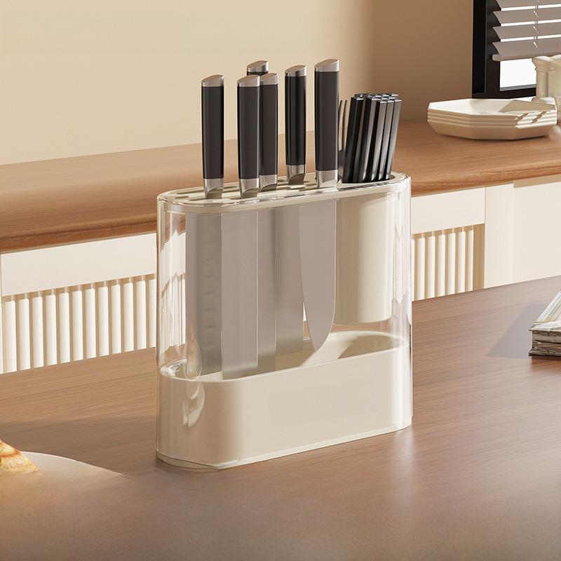 Многофункциональная кухонная стойка для ножей и столовых приборов в кремовом стиле со встроенным контейнером для приправ