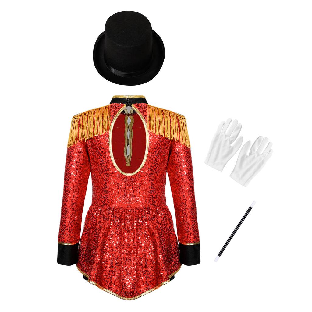 4Pcs Kids Girls Ringmaster Circus Magician Drummer Cosplay Costume Sequins Bodysuit with Hat Gloves Wand Set Halloween Circus Costume