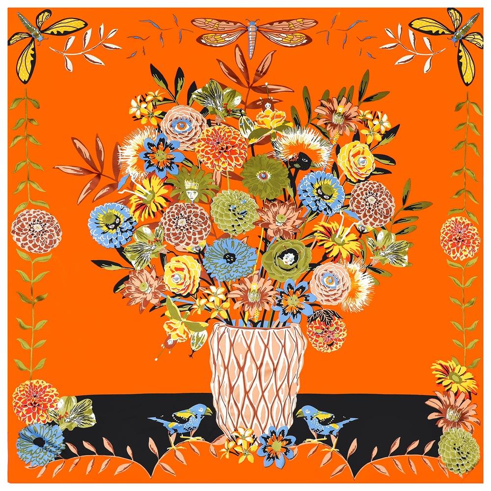 New Silk Scarf Women Large Shawls Bottle Flowers Square Scarves Wraps Bandana Luxury Kerchief Hijab Scarf Female Foulards