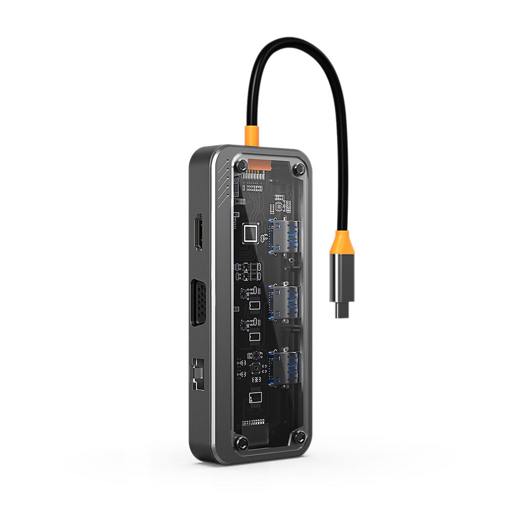 Custom Logo Transparent 10 in 1 USB C Hub Dongle Support 4K HDTV VGA Type C PD USB3.0 RJ45 Ethernet SD TF Card Reader 3.5mm AUX
