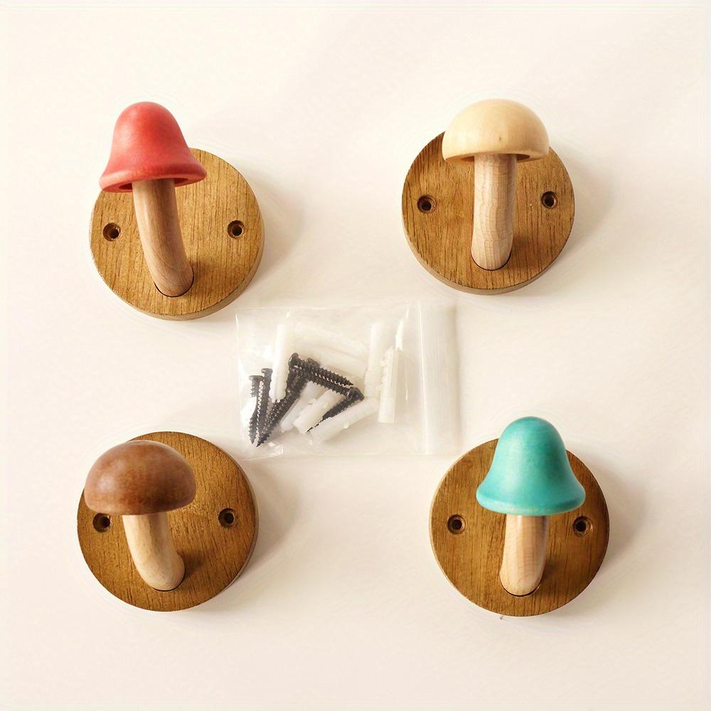 1set Wooden Mushroom Hooks, No Punch Solid Wood Mushroom Hanging Hooks, Coat Rack Behind Door Hooks for Entryway Kitchen Bathroom Cloakroom Door Hooks