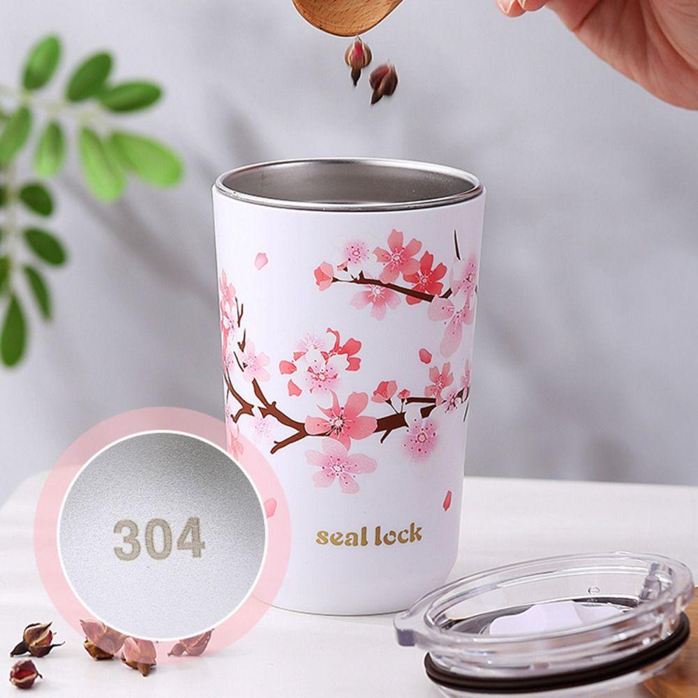 Layer Stainless Steel Insulated Cherry Blossom Thermos Cup Coffee Tumbler Vacuum Flask Water Bottle