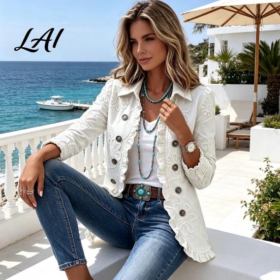 Floral Embellished Blazers Women Bohemia Jacket Open Front Ruffled Turndown Collar Coat Daily Wear Coats Slim Fit Casual Long Sleeve Outwear