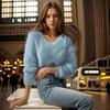 V-neck Loose Knit Sweater for Women - Imitation Mink Velvet, Solid Color, Autumn/Winter