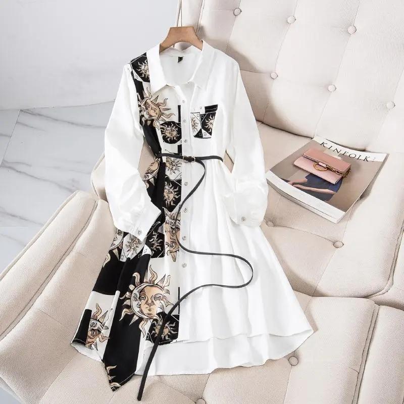 Женское платье-рубашка, свободное платье трапециевидной формы с длинными рукавами, женские платья средней длины на пуговицах со шнуровкой и принтом, свободное платье 4XLDress