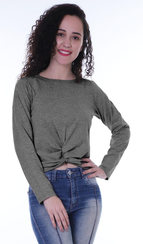 Moomaya Womens Full Sleeves Front Knot Crop Top Summer Tshirt Plain Tee Tops