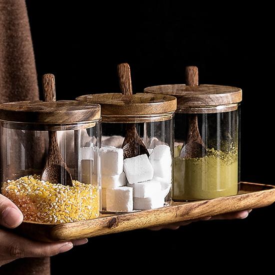Коробка для приправ, деревянная крышка, кухонные принадлежности, стекло, сахар, сухое молоко, специи, чехол для хранения для дома