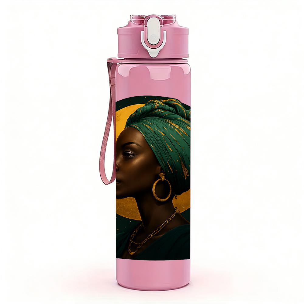 1PC African Lady Portrait Bust 750ml Color Plastic Sports Water Bottle Leakproof Flip Straw Lid For Sports Office Home Use
