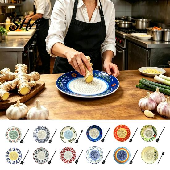 Handheld Vegetable Grinder Ceramic Garlic Ginger Grater, 2-in-1 Manual Shredder Plate for Kitchen Cooking, Flat Efficient Spice Mincing Base