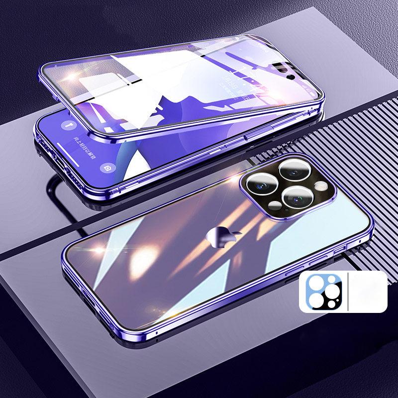 360° Metal Magnetic Adsorption Case For iPhone 16 15 14 Plus 13 12 11 Pro Max Original Purple Metal Alloy Frame Double Sided Glass Cover