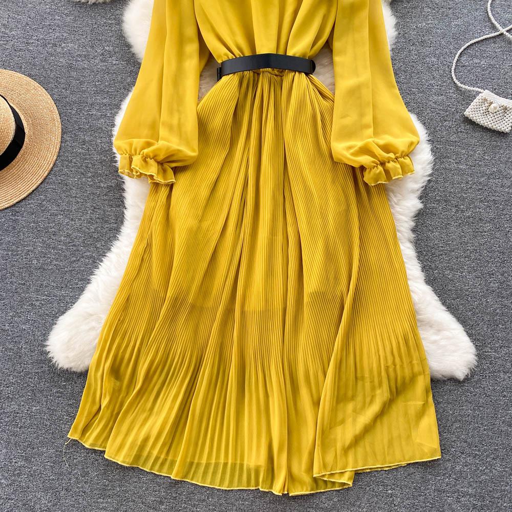 Женское весенне-осеннее платье в стиле ретро, ​​темпераментное плиссированное платье трапециевидной формы с v-образным вырезом и длинными рукавами на талии