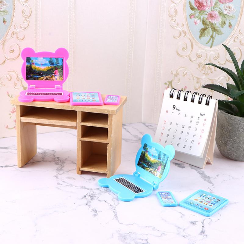 3Pcs/Set 1:12 Dollhouse Miniature Folding Laptop Model Computer Tablet Phone Set Doll House Office Scene Home Decor Toy