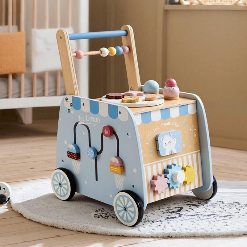 Multi-Functional Cartoon Ice Cream Wooden Baby Walker Stroller