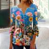 Рубашки с рукавами 3/4 лепестка для женщин, футболки, блузки, повседневные базовые топы, пуловер со складками и пуговицами с принтом