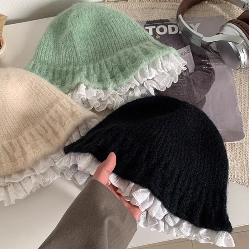 Lace Knitted Bucket Hat Women'S Autumn And Winter Street Sweet Versatile Outdoors Warm Casual Big Head Bob Cap