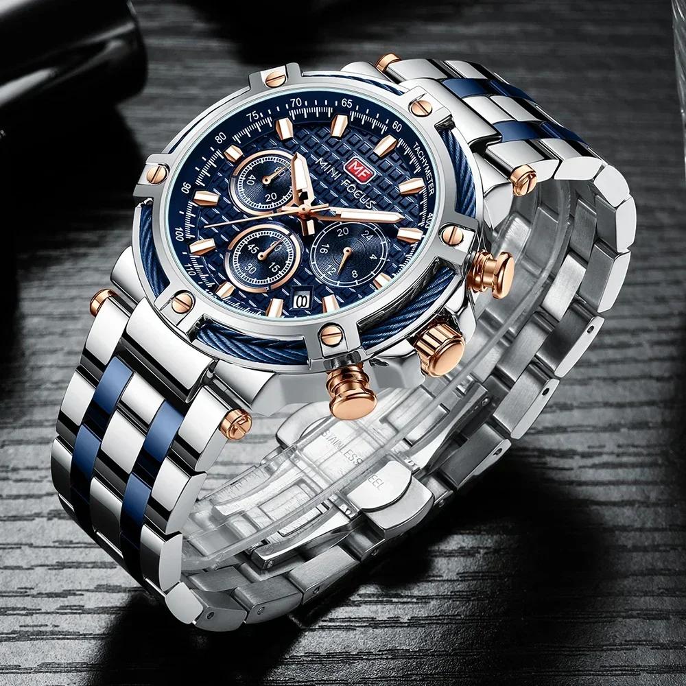 MINI FOCUS Sports Quartz Watch for Men Luminous Hands Multifunctional Small Dials Stainless Steel Strap Business Mens Watches