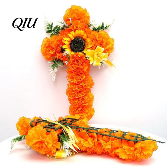 Fake Flower With Pole Support 2Pcs Dia De Los Muertos Artificial Flower, Marigold Cross Wall Decor for Day Of The Dead Floral Wreath of Halloween