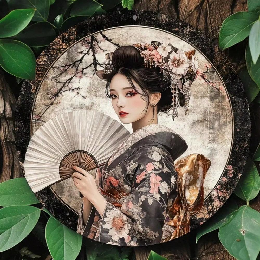 Металлический Декор Стены Японская Гейша Цветок Сакуры Круглый Знак Винтажное Искусство для Дома и Комнаты