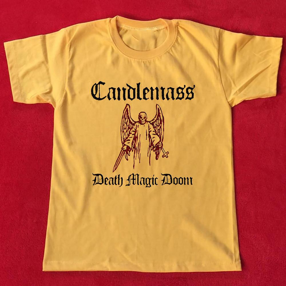 НОВЫЙ Candlemass - Death Magic Doom Футболка с коротким рукавом Желтая Все размеры AG2286 Унисекс Футболка