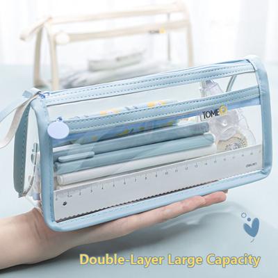 Двухслойная сумка для ручек большой вместимости, студенческая прозрачная водонепроницаемая сумка для канцелярских принадлежностей, портативный пенал, органайзер для канцелярских принадлежностей