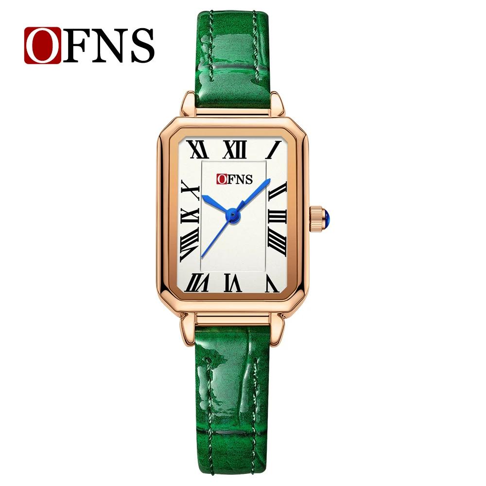 Ofns Waterproof Women's Watch with Bamboo Pattern Strap Square Dial Niche Design Casual Daily Dress Wristwatch for Ladies