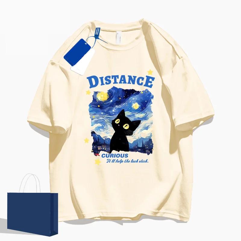 Starry Sky Cat Oil Painting Cute Print Men and Women Same Casual Sleeve T-shirt Summer Street Loose Round Neck Half Sleeve