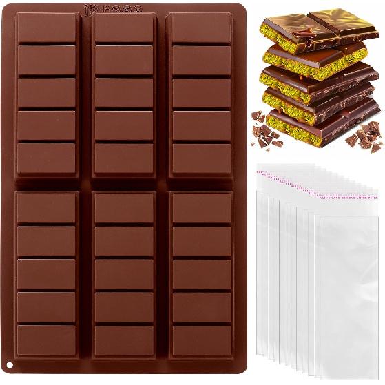 Mity Rain Chocolate Bar Mold Deep, Silicone Thick Mold for Stuffed Bars, Rectangle Knafeh Pistachio Break Apart Candy Molds With 100pcs Storage Bags