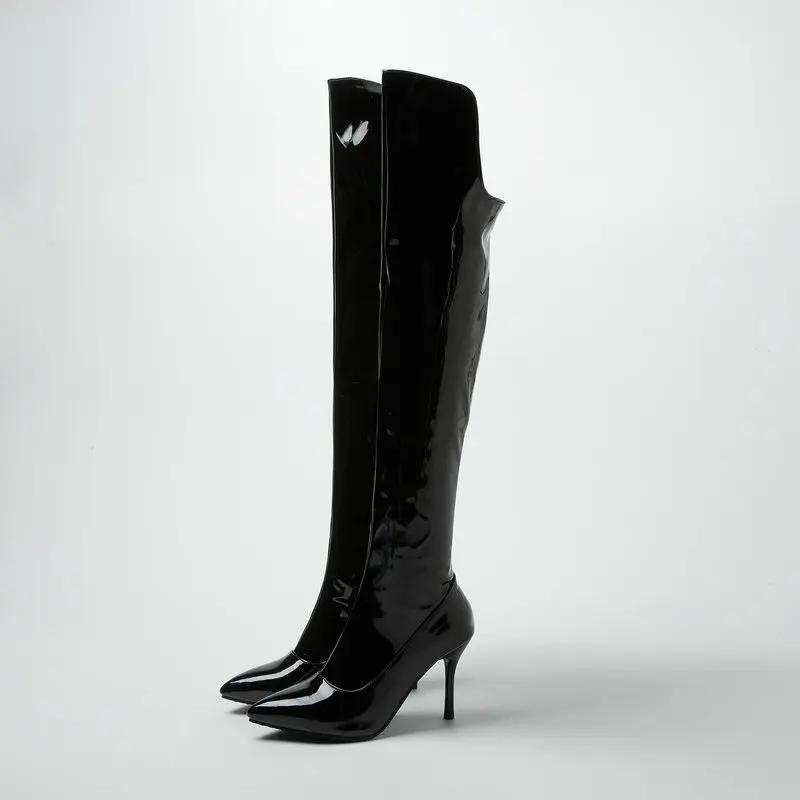Модные женские ботфорты на высоком каблуке из лакированной кожи, женские ботинки на очень высоком каблуке на молнии, женская обувь больших размеров