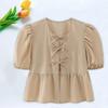Женская повседневная рубашка с круглым вырезом, пышные топы с короткими рукавами, однотонные укороченные топы на шнуровке с рюшами и подолом, уличная одежда