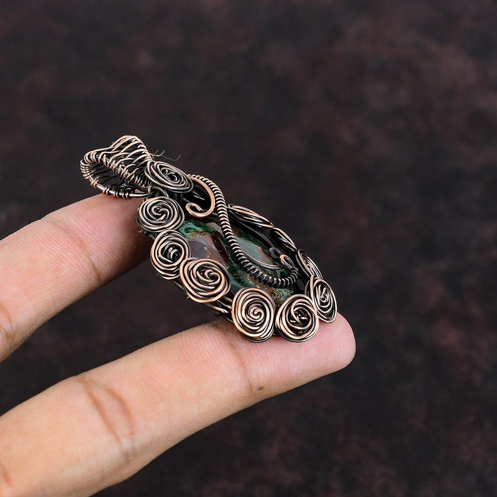 Кулон из куприта и хризоколлы, обернутый медной проволокой, ювелирное изделие, подвеска из драгоценного камня, дизайнерское ювелирное изделие, ручная работа, медный кулон, обернутый проволокой, кулон для подарка