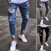 Mid-rise Button Zipper Fly Pockets Embroidery Cartoon Letter Print Men Jeans Distressed Ripped Holes Slim Fit Denim Pants
