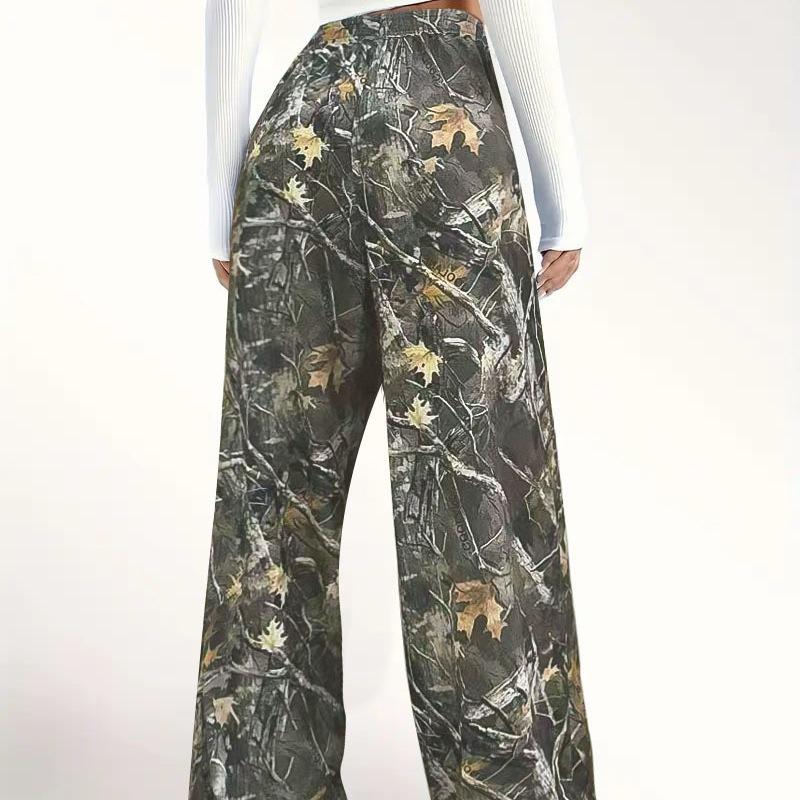 Women's New Spring Fashion Casual Drawstring Waist Camouflage Print Wide Leg Loose Loose Straight Trousers
