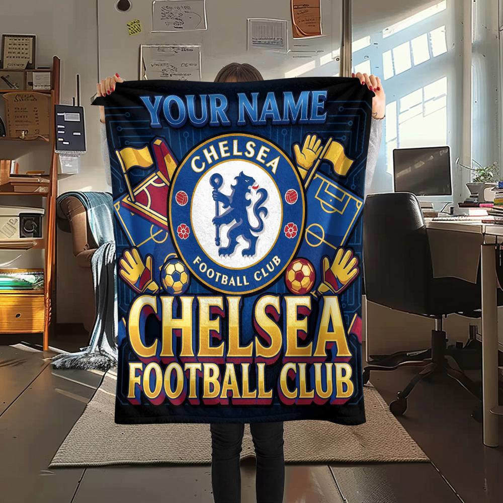 Custom Name Chelsea Football Club Flannel Blanket, High quality Comfortable for All Seasons, Home Decor, Warmth and Comfort