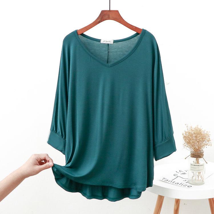 Women's Modal Loose Half-Sleeve Summer Bottoming Shirt: Lightweight, Pajama-Style, Large Size, Short Front, Long Back.