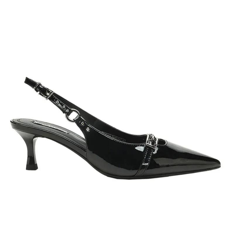 Fashion New Black Luxury Temperament Black Pumps Pointy Kitten with Fine Heel One-line Buckle Buckle Female Pointed Toe Slingbacks