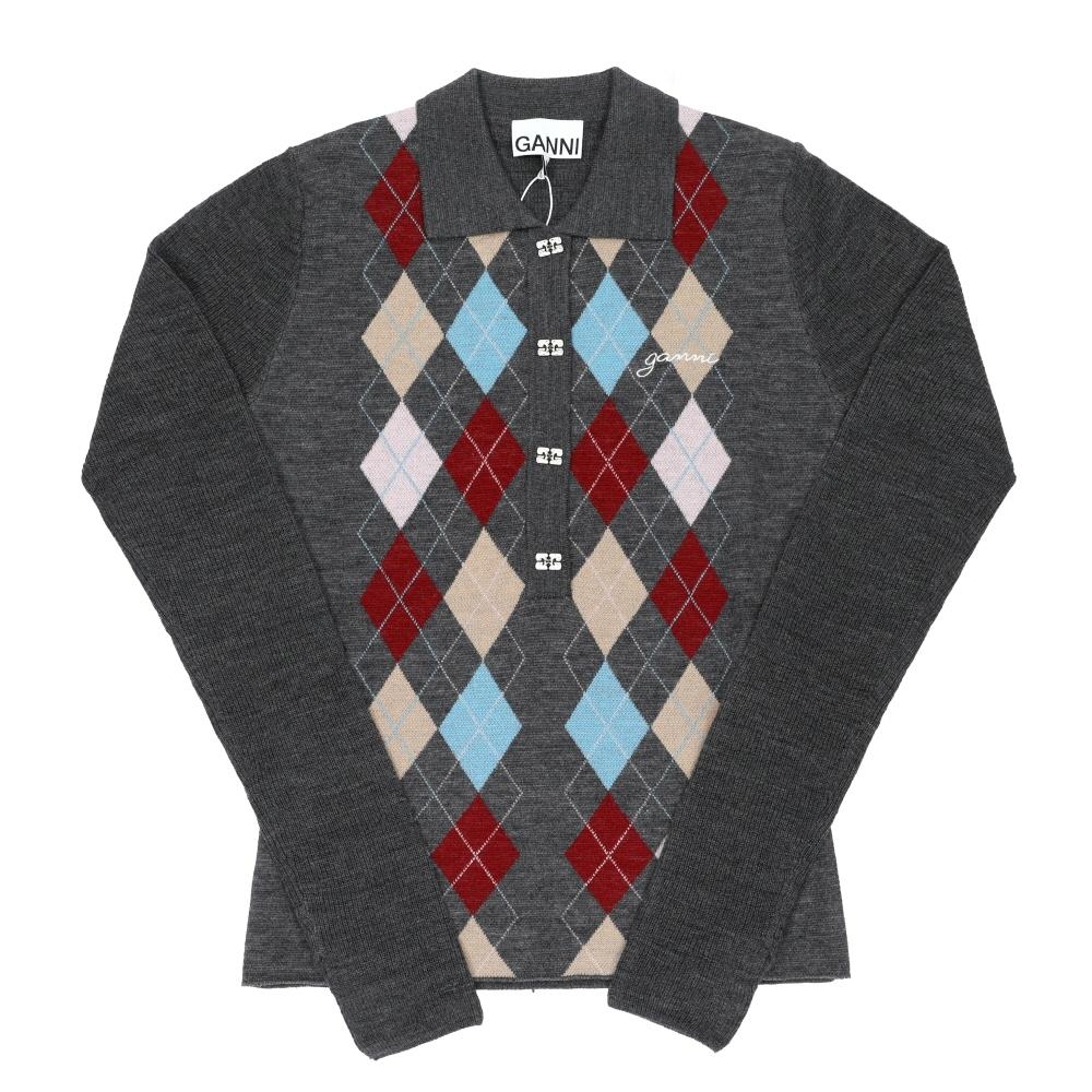 Ganni Women S Argyle Jacquard Polo Knit K2601 920